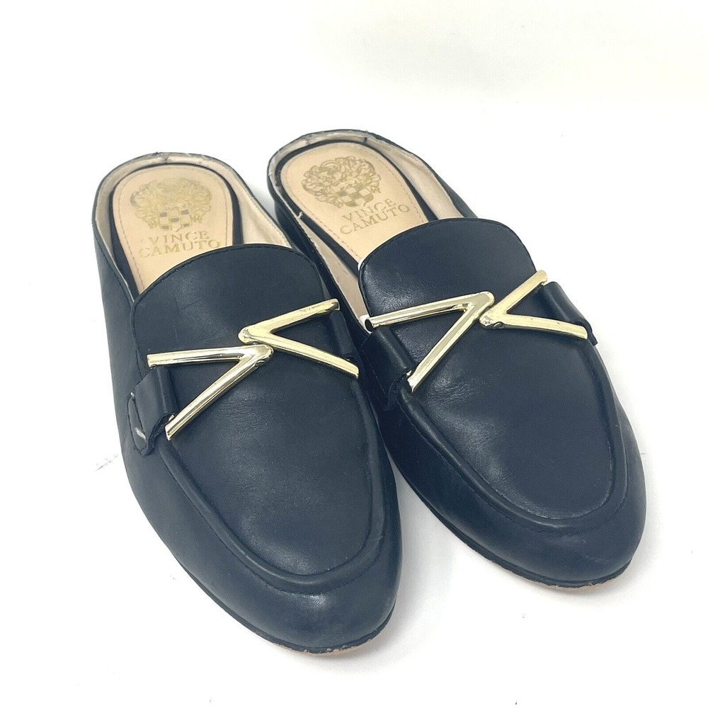 Vince Camuto Effortless Slides Loafer Shoes Size 7 Black Leather Gold Hardware